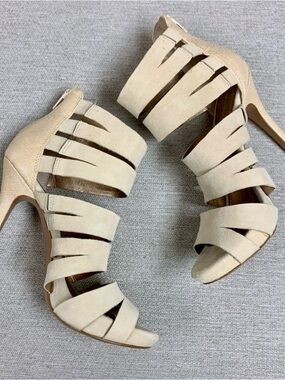 BCBG Beige Strappy Suede High Heel Sandals